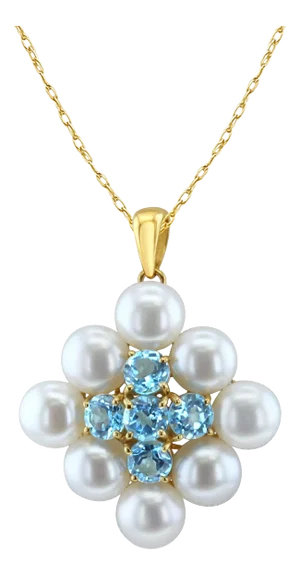 Blue Topaz & Freshwater Pearl Necklace 14k Yellow Gold