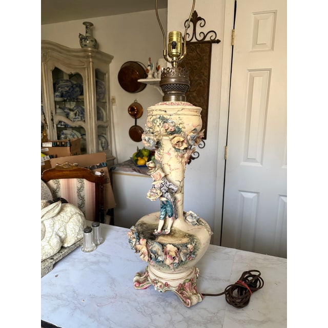 Late 19th Century Dresden Style Converted Kerosene Lamp. One Working Lamp. For Sale - Image 10 of 11