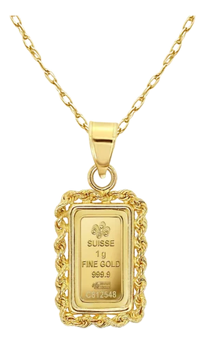 1 Gram Credit Suisse Gold Bar with Rope Bezel Necklace 16"