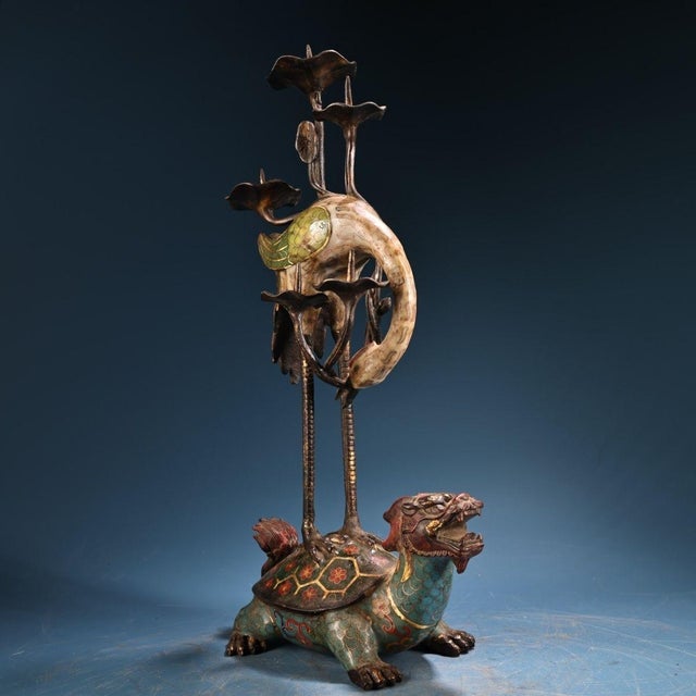 Antique Chinese Cloisonné & Bronze Crane Turtle Candle Holder - 5.5 LBS For Sale In Los Angeles - Image 6 of 9