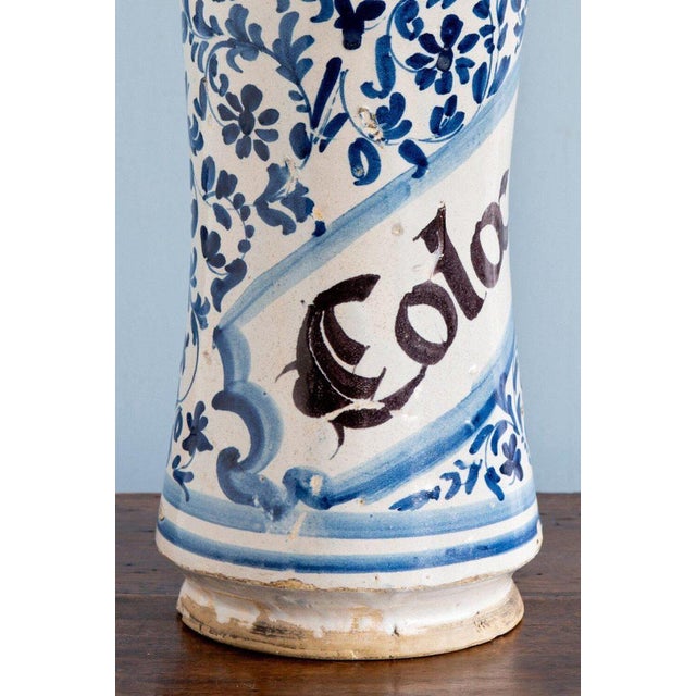 Ceramic 18th Century Spanish Blue & White Albarello Jar For Sale - Image 7 of 12