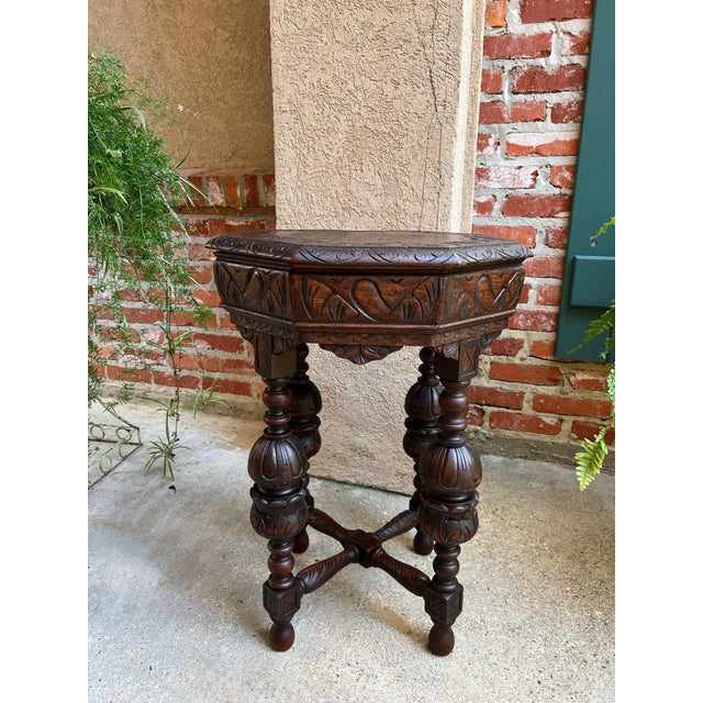 French Country Petite Antique French Octagon Center Side Table Renaissance Carved Oak C1890 For Sale - Image 3 of 12