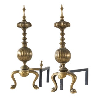 Large Neoclassical Andirons in Patinated Brass, 1920s, Set of 2 For Sale