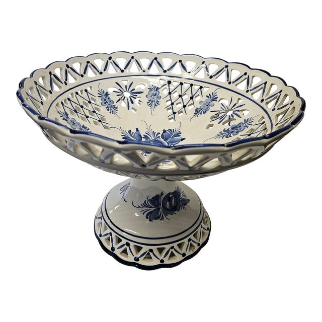 Vintage Blue and White Reticulated Large Portuguese Fruit Compote For Sale