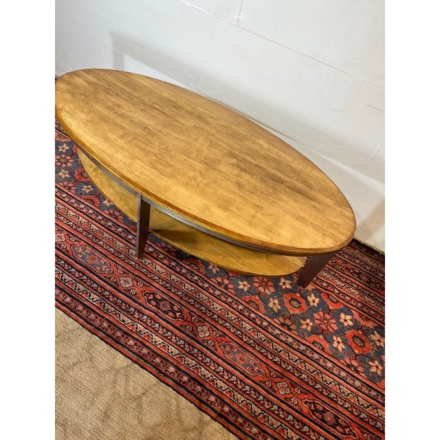 1960s Cherry Wood Oval Coffee Table on Metal Legs For Sale In New York - Image 6 of 8