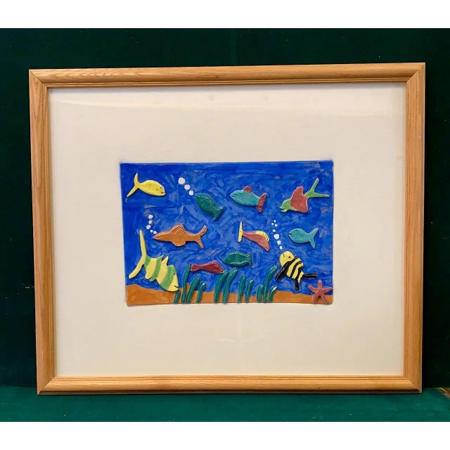 Blue 1970's Artisan Crafted Ceramic Fish Wall Art Framed Under Glass For Sale - Image 8 of 9