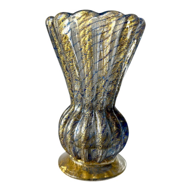 Coronato d'Oro Blue With Gold Vase Attributed to Barovier & Toso, Circa 1950 For Sale