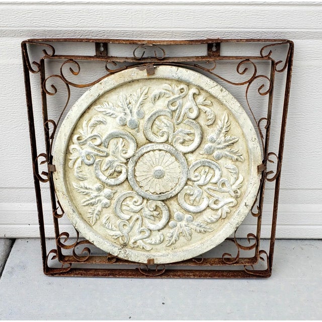 Rustic European 1980s Vintage Pair of Square Iron Framed Terracotta Relief Botanical Medallion Wall Hangings For Sale - Image 3 of 12