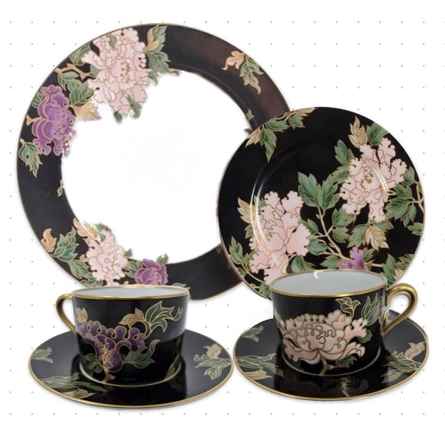 Fitz and Floyd Fitz & Floyd Cloisonné Peony Ff 75, Black - Retired Collection of 4 Settings / Dinner Plates , Accent Plates and Four Cups With Saucers For Sale - Image 4 of 12
