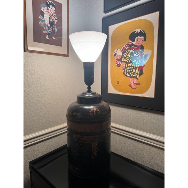 Black Vintage Chinoiserie Toleware Tea Canister Lamp With Pleated Shade For Sale - Image 8 of 13