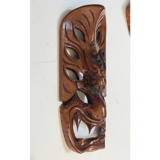 Camel Pair of Vintage Philippine Hand-Carved Monkey Pod Wood Dragon & Demon Wall Masks For Sale - Image 8 of 12