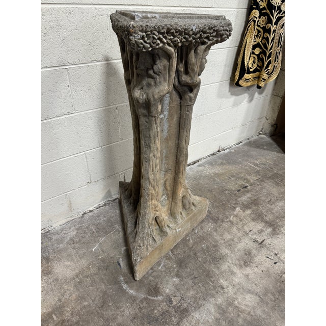 Heavy concrete Beau arts style faux bois pedestal that was originally a sun dial. The dial is gone, but could be relaced....