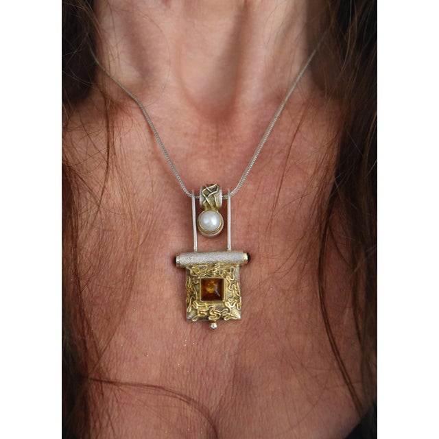 Late 20th Century Artisan Sterling Silver Amber Pearl Pendant Necklace For Sale - Image 14 of 14