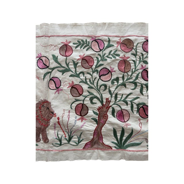 Mid-Century Modern Lion Suzani Wall Hanging, Pastel Pomegranate For Sale - Image 3 of 5