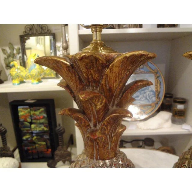 Pair of Vintage Italian Gilt Terra Cotta Pineapple Lamps For Sale - Image 4 of 9