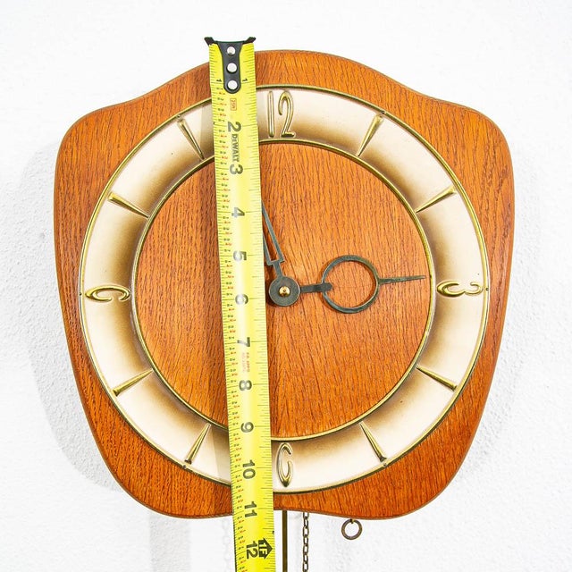 Mid Century Modern Wall Clock Oak Pendulum Weights Brass Denmark Chime For Sale - Image 9 of 9