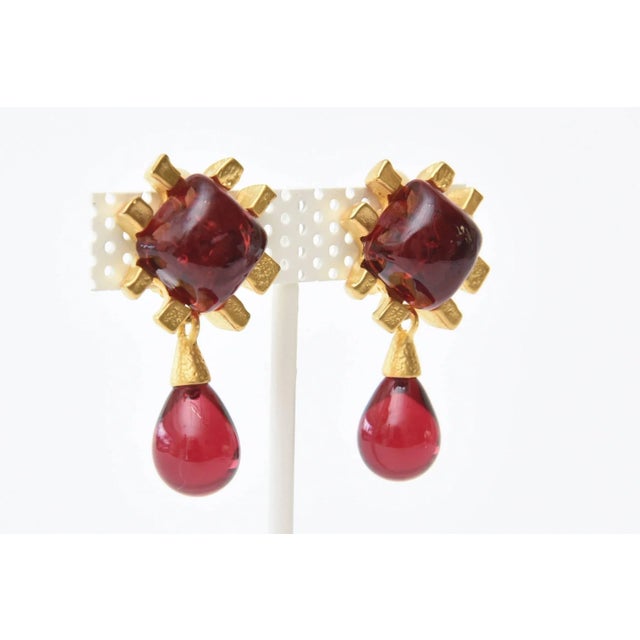 Red Andrew Springarn Red Gripoix Glass & Gold Plated Clip on Dangle Earrings - 2 Pieces For Sale - Image 8 of 9