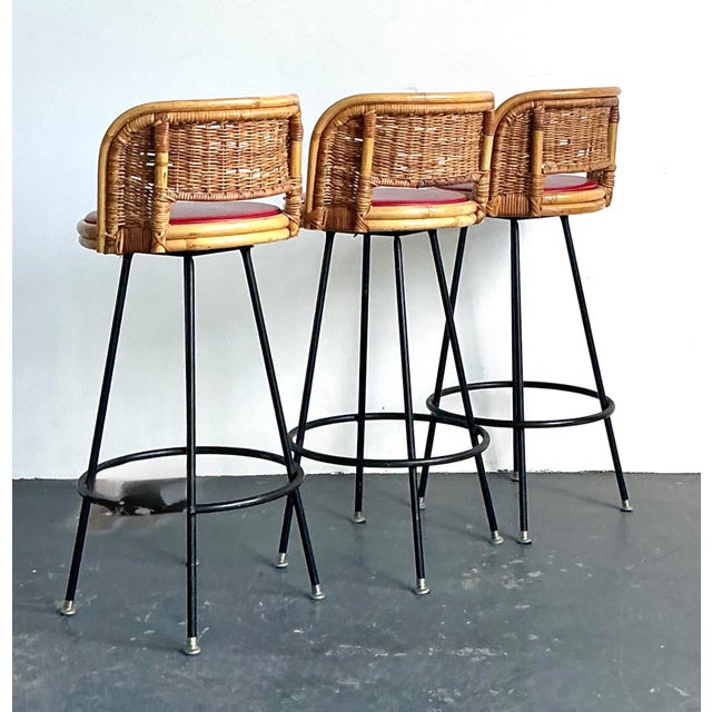 Arthur Umanoff Vintage Rattan and Metal Bar Stools - Set of 3 For Sale - Image 4 of 14