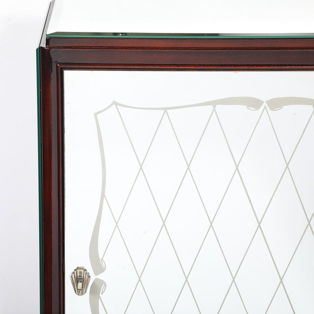 Wood Art Deco Directoire Style Walnut, Mirrored & Reverse Etched Detail Bar Cabinet For Sale - Image 7 of 18