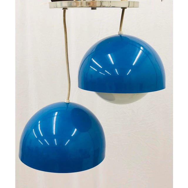 Fabulous Vintage Mid Century Modern Double Pendant Chrome & White Opaline Glass Globe Light Fixture. Original finish...