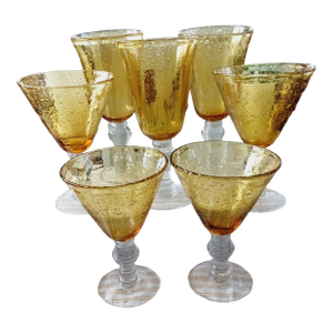 1960s Artland Vintage Hand Blown Amber Bubble Glass Goblets Set