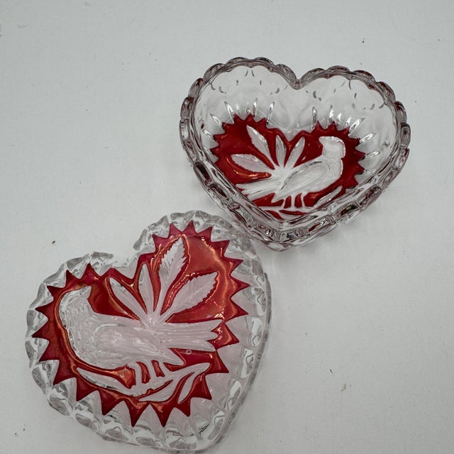 This listing is for 1 small heart lidded box 4.5" 24% lead crystal Pressed, Cut Bird, Ruby Red Accent Discontinued