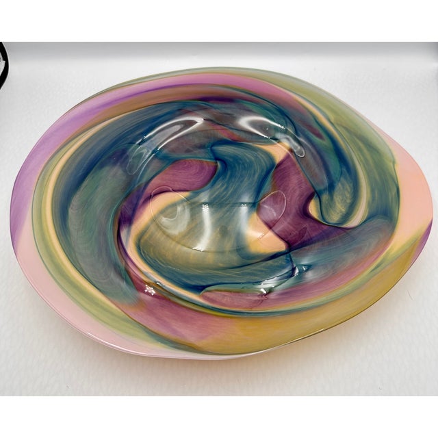 Geometric Design Hand-Crafted Studio Art Glass Bowl Platter Centerpiece Signed For Sale - Image 4 of 10