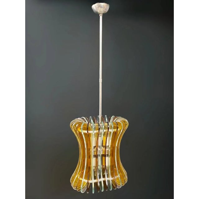 Rare vintage Italian midcentury chandelier with curved beveled glasses mounted on chrome frame / Made in Italy by Veca,...