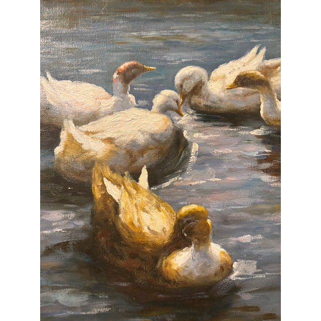 Sky Blue Charming Vintage Signed “Francis” Duck Pond Painting on Artist Board – Original Waterfowl Art For Sale - Image 8 of 8