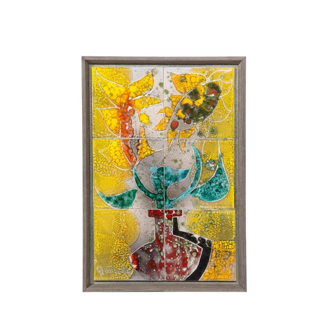 1970s Modernist Ceramic Tile Wall Plaque of Sunflowers Signed Gilbert Valentin For Sale - Image 13 of 13