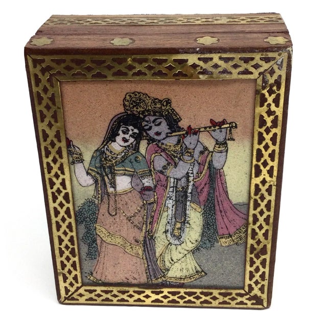 Vintage Inlaid Brass Over Wood Trinket Box Glass Painted Hinged Lid For Sale - Image 13 of 13