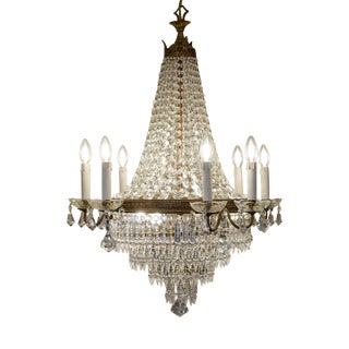 Italian Empire Style 12-Light Chandelier in Brass, Crystal and Cut Glass, 1940s For Sale