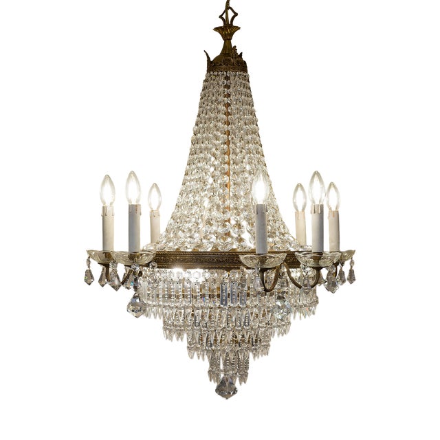 Italian Empire Style 12-Light Chandelier in Brass, Crystal and Cut Glass, 1940s For Sale