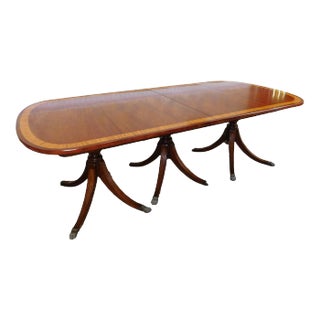 Triple-Pedestal Sheraton-Style Mahogany Banded Dining Table With Leaf, C. 1940 - Refinished For Sale