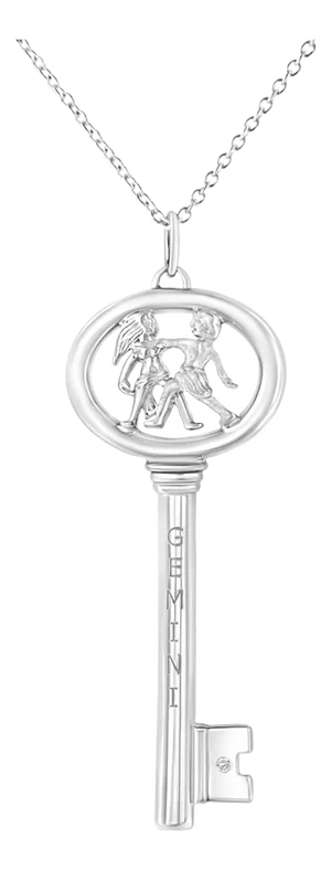 .925 Sterling Silver Diamond Accent Gemini Zodiac Key 18" Pendant Necklace (K-L Color, I1-I2 Clarity)