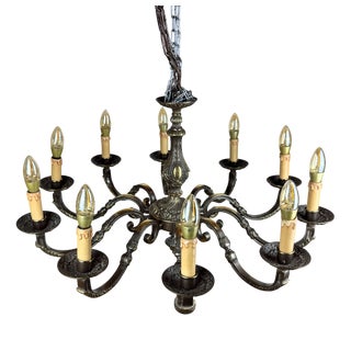 Vintage Baroque Style 10-Arm Brass Chandelier, 1950s For Sale