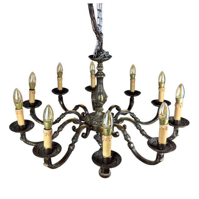 Vintage Baroque Style 10-Arm Brass Chandelier, 1950s For Sale