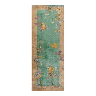 1920s Green Celadon Floral Scene Chinese Art Deco Carpet 4'5'' X 11'9'' Knotted Wool Rug For Sale