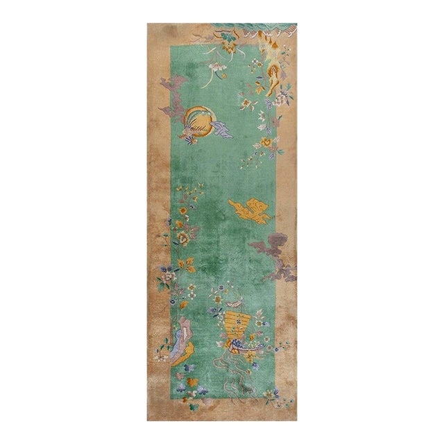 1920s Green Celadon Floral Scene Chinese Art Deco Carpet 4'5'' X 11'9'' Knotted Wool Rug For Sale