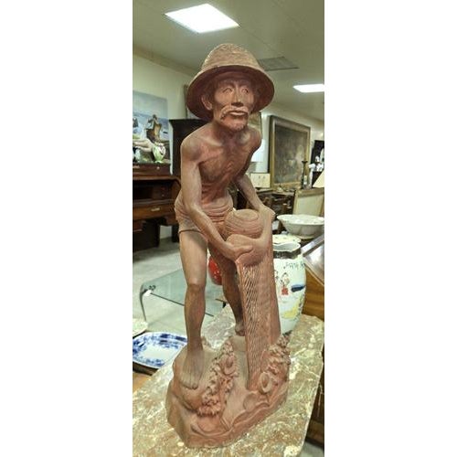 Large Asian Wooden Sculpture of Fisherman, 1890s For Sale - Image 4 of 8