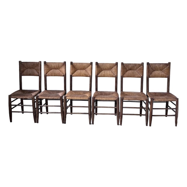 Straw and Oak Chairs from Beauche Perriand, 1950s, Set of 6 For Sale