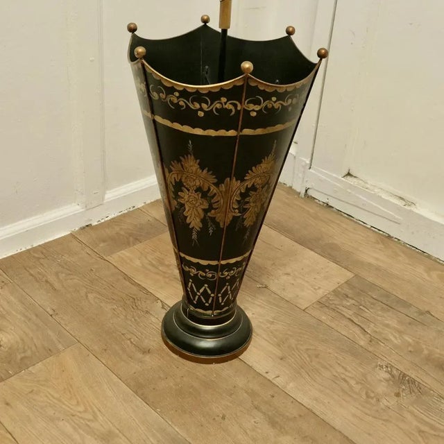 A Superb Italian Toleware Umbrella Stand, Hand Painted Gold on Black A very unusual and attractive piece, hand painted and...