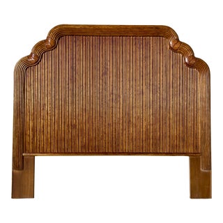 Vintage Faux Tortoise Shell Finish Rattan Queen Headboard With Leather Wraps For Sale