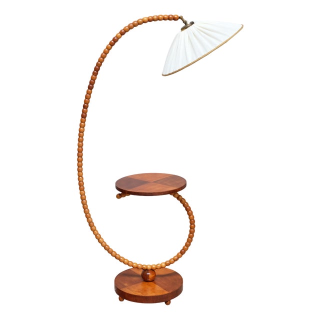 Swedish Modern Sculptural Floor Lamp with Table & Turned Orb Arm, Late 1930s For Sale