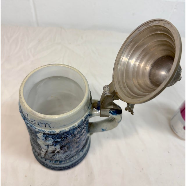 Figurative Antique Whites Utica Stoneware Pottery "Prince of Pilsen" Pewter Lidded Stein For Sale - Image 3 of 12