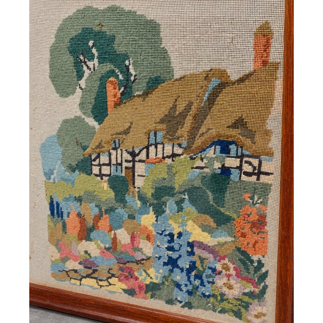 Antique Needlepoint Fires Screen With Cottage Garden Scene, Wood Framed Hearth Screen, C. 1920s–1940s For Sale In New York - Image 6 of 11