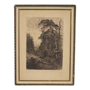 Antique English Grove of Trees Gnarled Pines Church Village Etching 17"