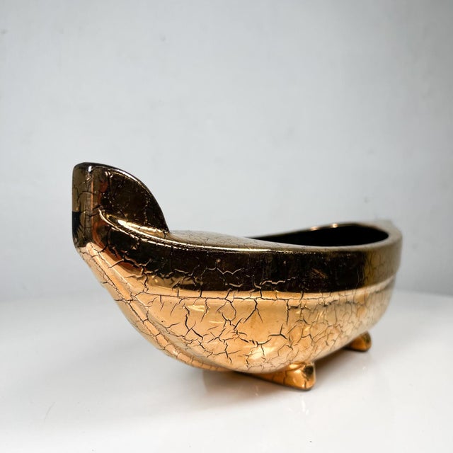 Mid-Century Modern 1960s Footed Ikebana Vase Mottled Gold Ceramic Boat For Sale - Image 3 of 10