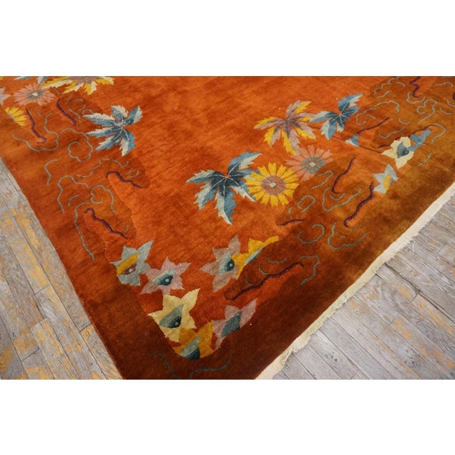 Textile Striking Multi Color Daisies in a Floral Design With Orange-Terra-Cotta Ground Color Antique Chinese Art Deco Rug For Sale - Image 7 of 12