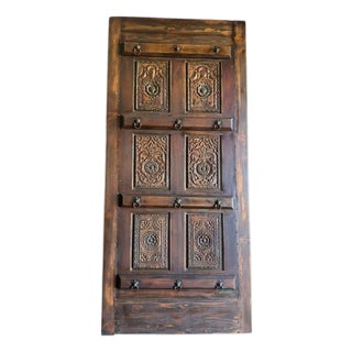 Antique Indian Carved Wood Door With Brass Studs – Rustic Hinged or Sliding Barn Door 96 For Sale